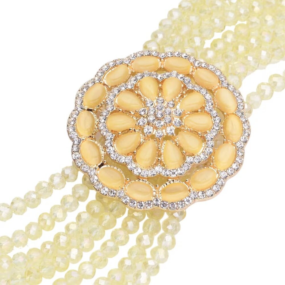 Beaded Yellow Magic Color Glass & Austrian Crystal Bracelet & Cat's Eye Brooch